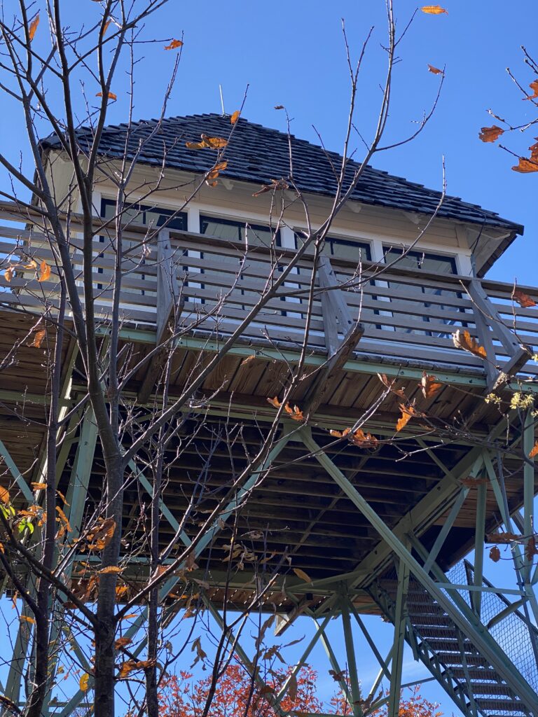 This image shows a closeup of the Green Knob Fire Tower on the Blue Ridge Parkway in North Carolina. 